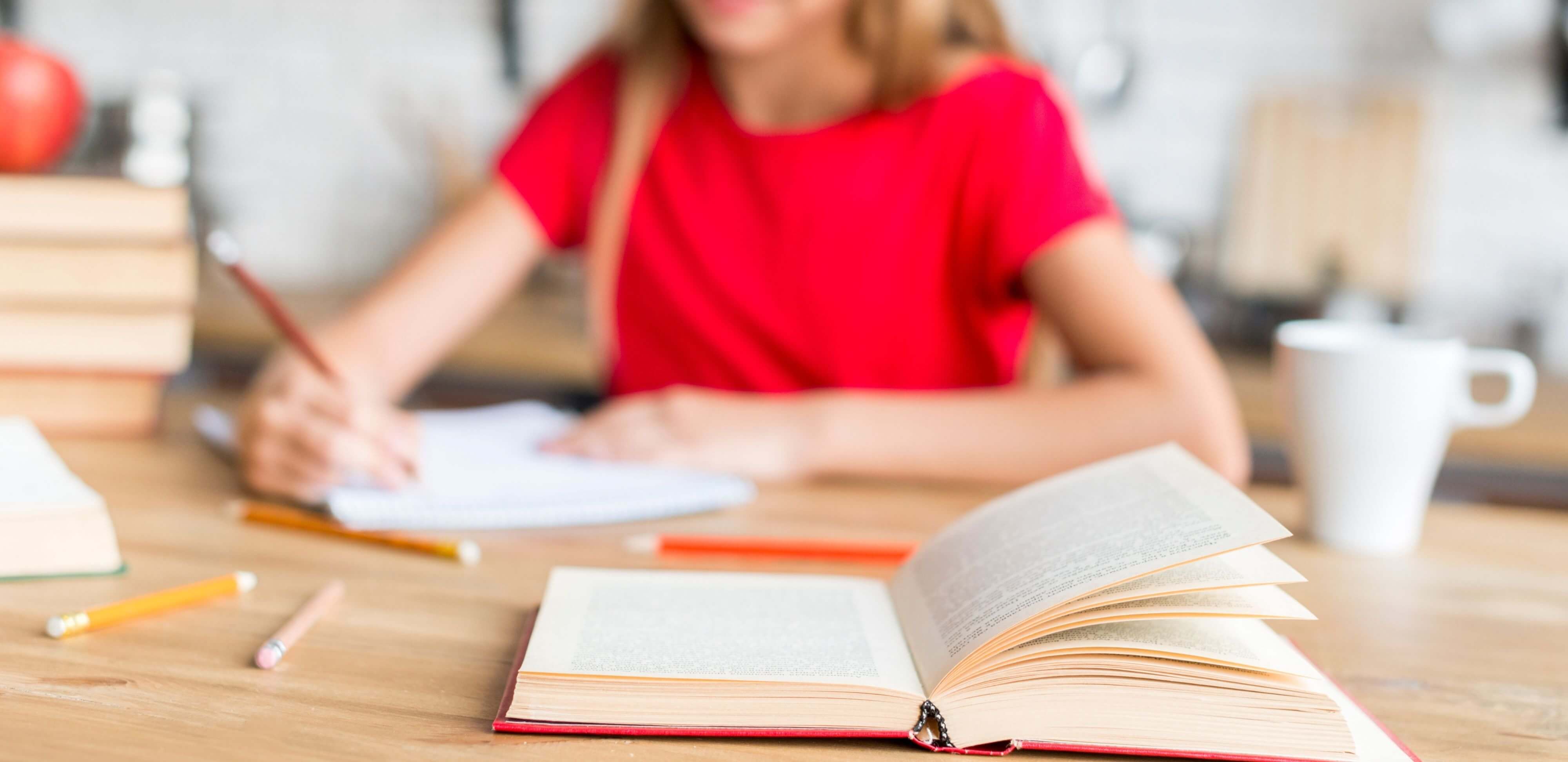 tipos de argumentos: imagem de uma mesa com um livro à frente. Ao fundo, está uma moça estudando.