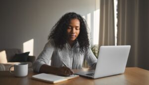 mulher estudando com ajuda de caderno e notebook, como organizar os estudos
